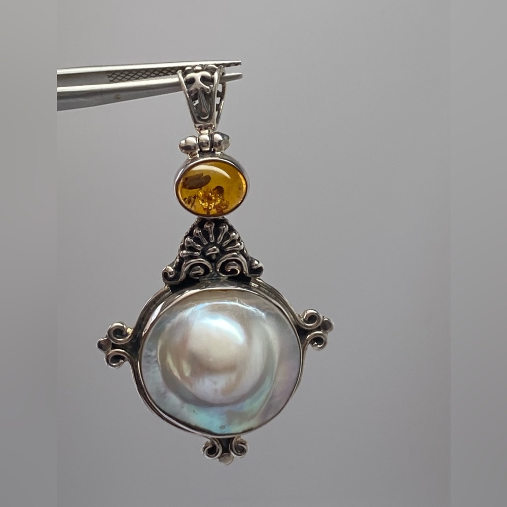 Sterling Silver Large Mabe Pearl and Amber Pendant New